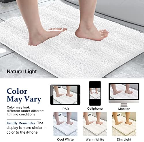Yimobra Bathroom Rug Mat 32 x 20, Non Slip and Super Absorbent Bath Mat,Machine Washable Quick Dry,Ultra Plush Chenille Shower Rugs for Bathroom Floor Sink Tub and Shower Outside,White