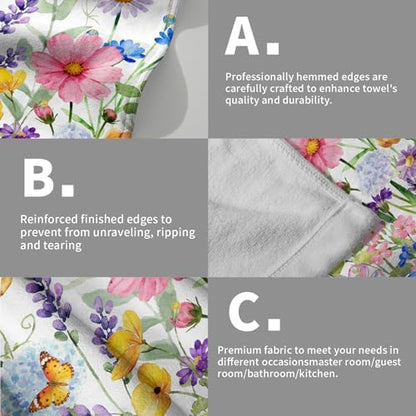 Spring Hand Towels Set of 2, Wildflowers Floral Butterfly Decorative Bathroom Towel 28x14 Inch, Soft Absorbent Microfiber Wash Cloth for Kitchen Gym Hotel Home Decor