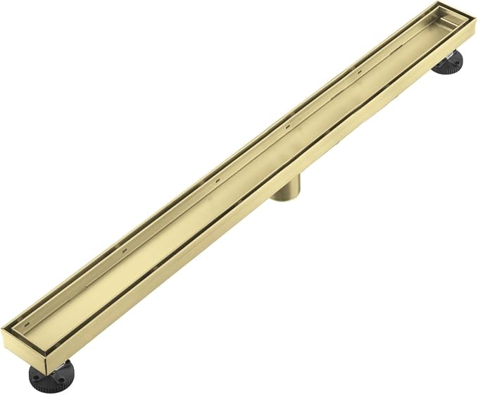 Linear Shower Floor Drain, Brushed Gold 42 Inch 304 Stainless Steel Bathroom Drains Kit, Rectangular Shower Trench Drain with Reversable Tile-in Pattern Drain Cover & Hair Catcher