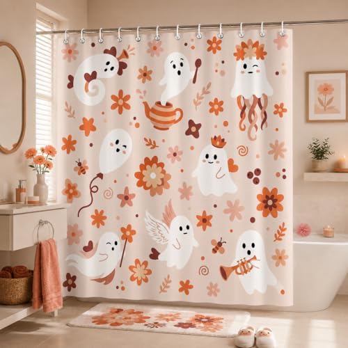 Cute Ghost Shower Curtain, 72 x 72 Inch Waterproof Polyester Bathroom Curtain with 12 Plastic Hooks, Pink Floral Halloween Bath Curtain for Tub Shower Decor
