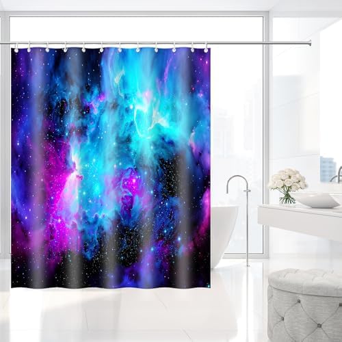 Galaxy Nebula Purple Turquoise Blue Shower Curtain with Hooks 72 x 72 Inch