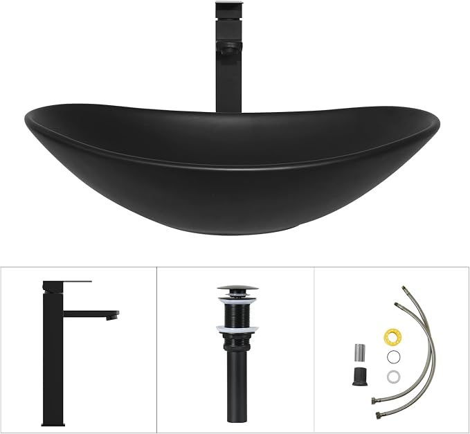 48'' Bathroom Vanity with Sink, Modern Bathroom Cabinet Black | 4 Soft-Close Cabinet Doors, 4 Drawers, 4-Tier Inner Shelf, Freestanding Large Storage Cabinet, Two Black Ceramic Boat Sinks