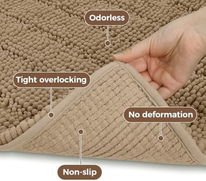Bcoimo Bath Rug Mat,30x20 Chenille Non Slip Tan Bathroom Floor Shower Mats