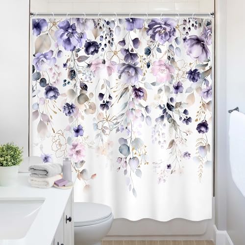 Floral Purple Pink Leaf Rustic Girly Bathroom Shower Curtain Set