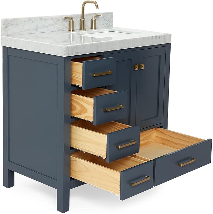 ARIEL Cambridge 36-inch Bathroom Vanity with Sink,Solid Wood, 2-inch Italian Carrara Marble Countertop, Single Rectangular Porcelain Sink, 2 Soft Closing Doors, 5 Dovetail Drawers, Midnight Blue
