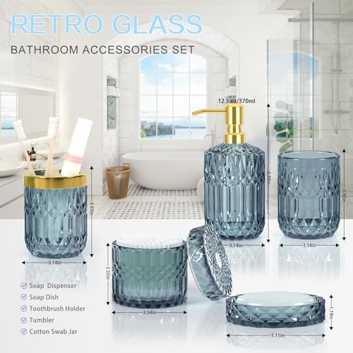 Blue Bathroom Accessories Set - 5PCS Clear Glass Bathroom Accessory Set (Toothbrush Holders, Soap Dispenser, Soap Dish, Tumbler, Cotton Swab Jar), Countertop Vanity Organizer Modern Decor Vintage Gift