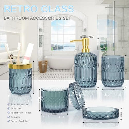 Blue Bathroom Accessories Set - 5PCS Clear Glass Bathroom Accessory Set (Toothbrush Holders, Soap Dispenser, Soap Dish, Tumbler, Cotton Swab Jar), Countertop Vanity Organizer Modern Decor Vintage Gift
