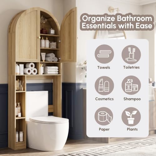 HMstone Over The Toilet Storage Cabinet, 29.7W'' Arched Bathroom Organizer and Storage with Doors and Adjustable Shelf, Space-Saving Freestanding Bathroom Modern Storage Cabinet Over Toilet (Natural)