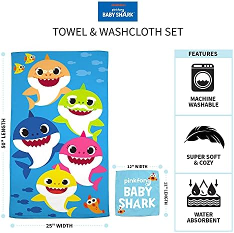 Franco Baby Shark Kids Bath/Pool/Beach Soft Absorbent Cotton Terry Towel with Washcloth 2 Piece Set, 50 in x 25 in