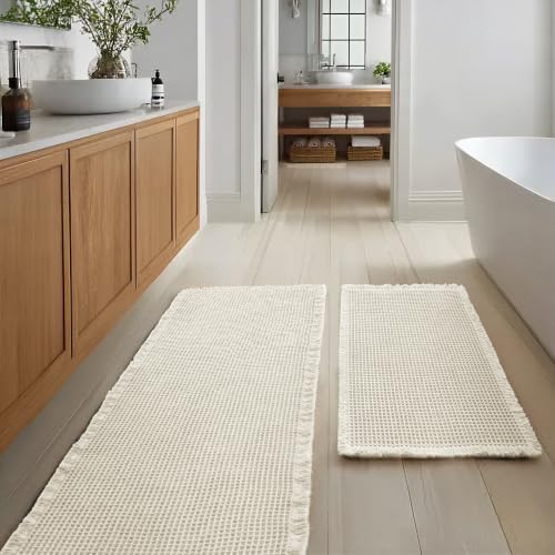 JIUZHEN Set of 2 Waffle Bath Mats Boho Bathroom Runner Rug 20"x32"+24"x60"