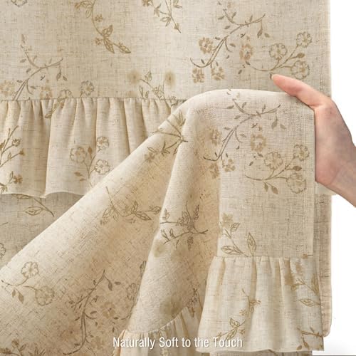 Beige Floral Farmhouse French Country Ruffle Linen Shower Curtain 72Wx72H