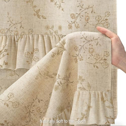 Beige Floral Farmhouse French Country Ruffle Linen Shower Curtain 72Wx72H