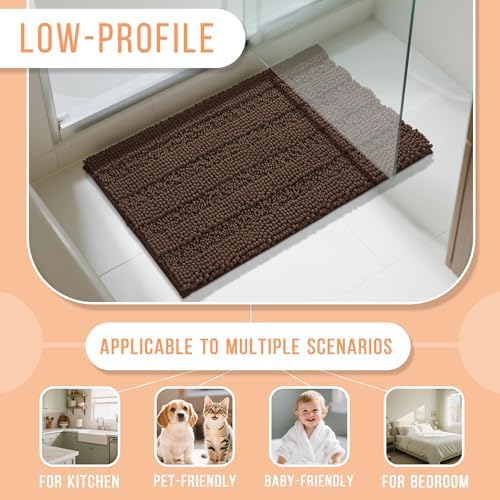 Yimobra Bathroom Rug Mat 32 x 20, Non Slip and Super Absorbent Bath Mat,Machine Washable Quick Dry,Ultra Plush Chenille Shower Rugs for Bathroom Floor Sink Tub and Shower Outside,Brown