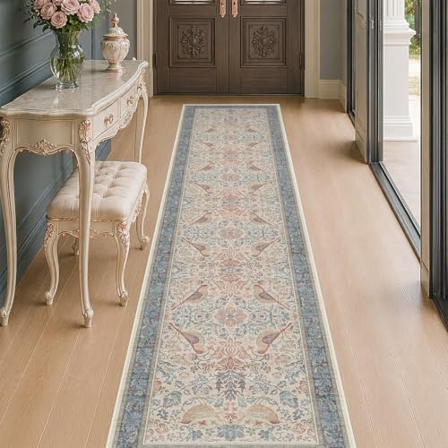 Hazo Haus Soft Red Blue 2x10 Long Hallway Runner Rug, Boho Farmhouse Rug for Mudroom Kitchen and Bathroom, Non-Slip Low-Pile Washable Stain Resistant, Vintage Natural Botanical & Bird Pattern Décor