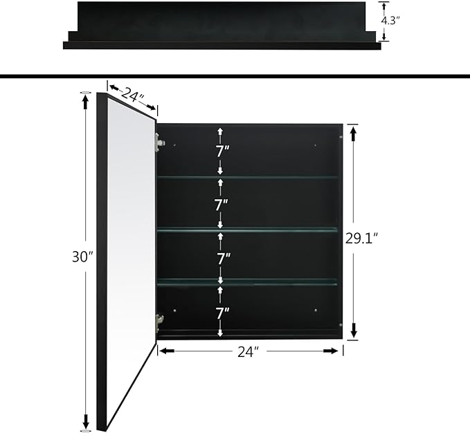 24”x30” Medicine Cabinet with Aluminum Frame,Surface or Recessed Medicine Cabinet Mirror for Bathroom,Bathroom Mirror with Storage,Black