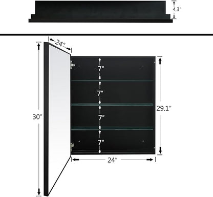 24”x30” Medicine Cabinet with Aluminum Frame,Surface or Recessed Medicine Cabinet Mirror for Bathroom,Bathroom Mirror with Storage,Black