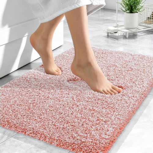 OLANLY Microfiber Bathroom Rugs 24x16, Quick Dry Bath Mat, Coral and White