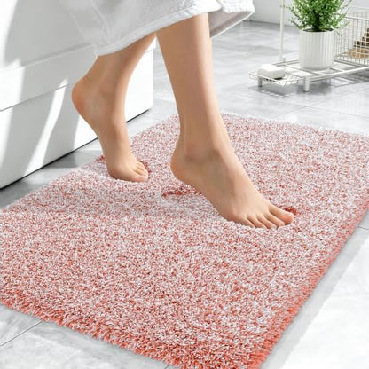 OLANLY Microfiber Bathroom Rugs 24x16, Quick Dry Bath Mat, Coral and White