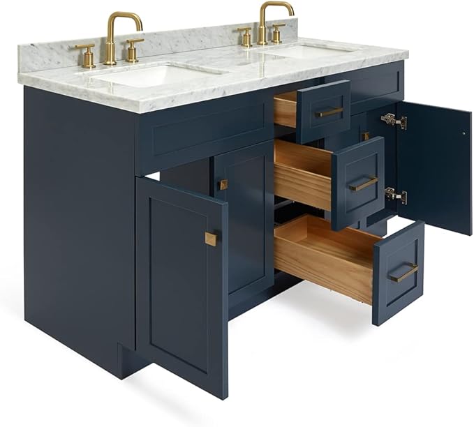 ARIEL Hamlet 60-inch Bathroom Vanity with Sink,Solid Wood, 1.5-inch Italian Carrara Marble Countertop, Double Rectangular Porcelain Sink, 4 Soft Closing Doors, 3 Dovetail Drawers, Midnight Blue