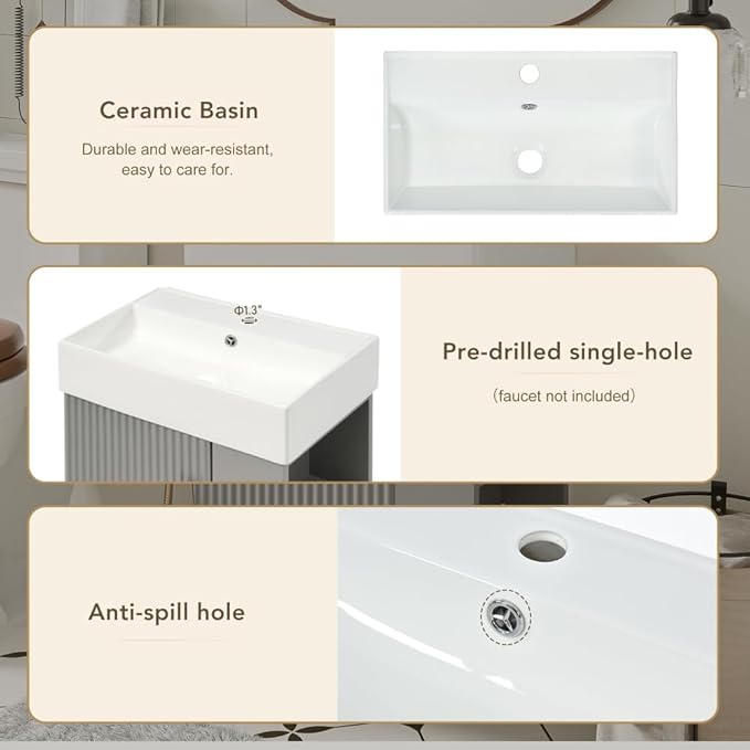 22" Small Bathroom Vanity with Sink, Floating Vanity for Bathrooms with Soft-Close Door and Open Shelf, Wall Mounted Narrow Bathroom Vanities for Compact Bathrooms (Gray,22" Floating Right Shelf)