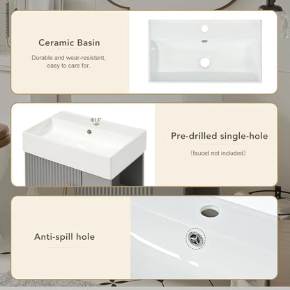 22" Small Bathroom Vanity with Sink, Floating Vanity for Bathrooms with Soft-Close Door and Open Shelf, Wall Mounted Narrow Bathroom Vanities for Compact Bathrooms (Gray,22" Floating Right Shelf)