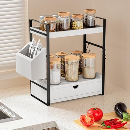 2-Tier Bathroom Counter Organizer, Wooden Vanity Shelf with Drawer & Basket