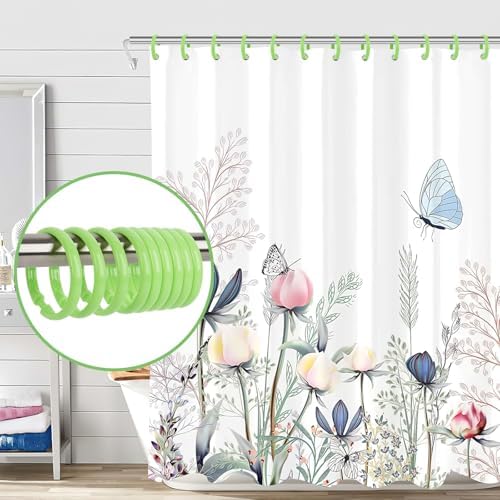 Green Shower Curtain Hooks - 12 Pcs Circular Plastic Shower Curtain Rings for Bathroom - O Shaped Green Shower Hooks Rings for Shower Curtain Rod