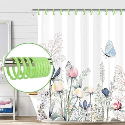 Green Shower Curtain Hooks - 12 Pcs Circular Plastic Shower Curtain Rings for Bathroom - O Shaped Green Shower Hooks Rings for Shower Curtain Rod