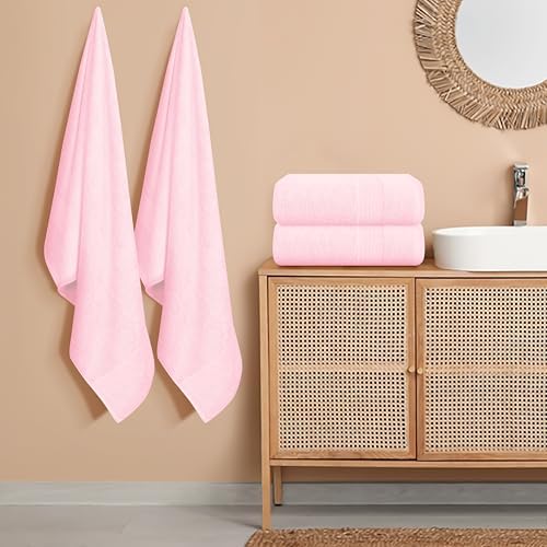 Belizzi Home 4 Pack Bath Towel Set 27x54, 100% Ring Spun Cotton, Ultra Soft Highly Absorbent Machine Washable Hotel Spa Quality Bath Towels for Bathroom, 4 Bath Towels - Pink
