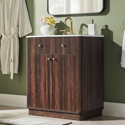 T4TREAM 60" Fluted Bathroom Vanity with 2 Single Sinks, Dark Walnut