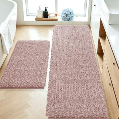 ACCUMTEK Upgrade Luxury 2 Piece Dusty Pink Toilet Bathroom Rug Mat 60"x20"+32"x20", Ultra Soft Thick Absorbent Bath Mats, Non Slip Chenille Toilet Mat for Bathroom, Bedroom, Kitchen, Shower, Tub