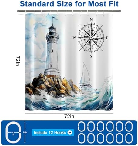 Coastal Lighthouse Shower Curtain with Hooks, Ocean Theme Waterproof Shower Curtains for Bathroom, Metal Grommets & Weighted Hem, Machine Washable Nautical Shower Curtain for Home, 72"W x 72"L