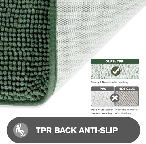 Hunter Green Bathroom Rugs – Absorbent and Washable Bath Mat, Non-Slip, Thick Soft Chenille Bath Rugs for Bathroom Floor, Shower, Sink - 24" x 36"