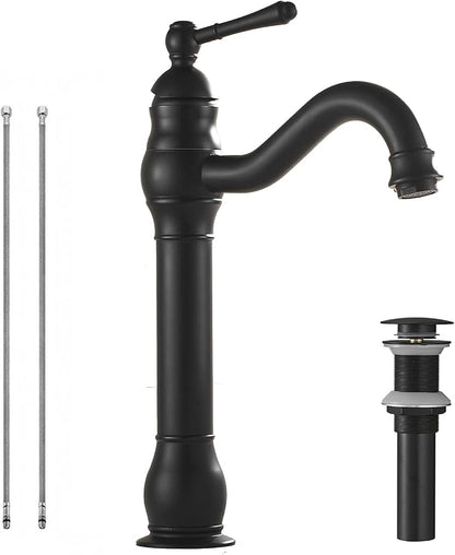 Black Single-Handle One Hole Bathroom Vessel Sink Faucet with Pop Up Drain | Bowl of Sink Deck Mount Lavatoy Basin Tap Tall Body 360° Swivel