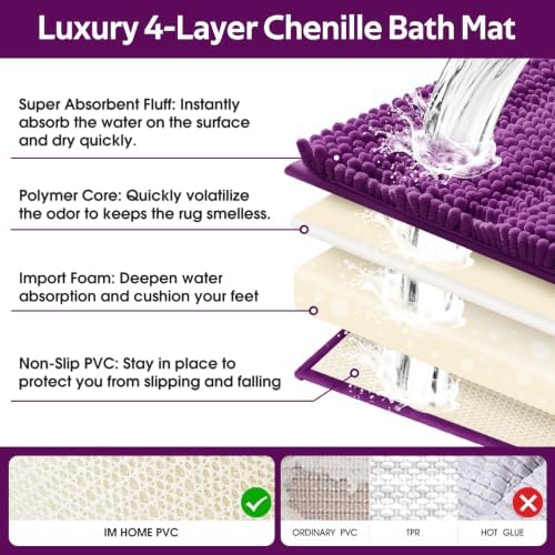 ACCUMTEK Striped Purple Bathroom Rug Set 3 Pieces Ultra Soft, Non Slip Chenille Toilet Mat, Absorbent Plush Shaggy Bath Mats for Bathroom, Bedroom, Kitchen
