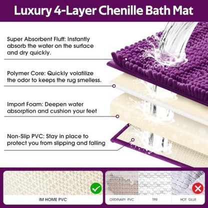 ACCUMTEK Striped Purple Bathroom Rug Set 3 Pieces Ultra Soft, Non Slip Chenille Toilet Mat, Absorbent Plush Shaggy Bath Mats for Bathroom, Bedroom, Kitchen