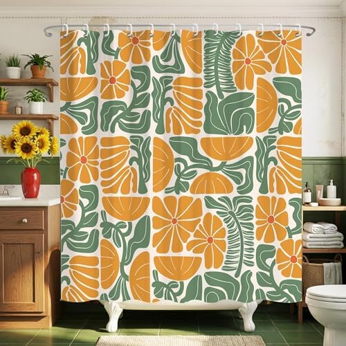 Mid Century Matisse Orange Green Floral Shower Curtain 72x72 Inches
