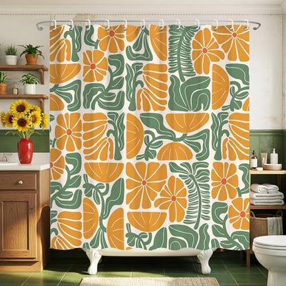 Mid Century Matisse Orange Green Floral Shower Curtain 72x72 Inches