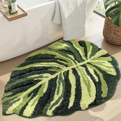 DEXI Cute Bath Mat, Green Leaf Monstera Bathroom Rugs 31.5x23.5