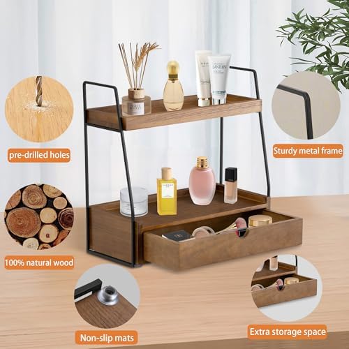 2-Tier Bathroom Countertop Organizer with Drawer, Wood Vanity Shelf Brown