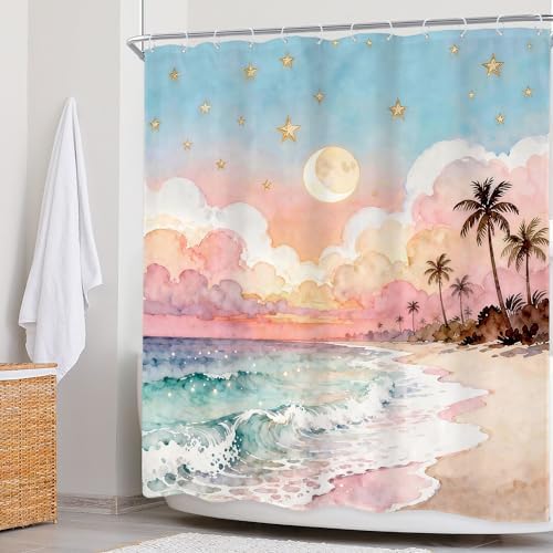 Ocean Blue Sea Watercolor Cloud Pink Waves Bathroom Shower Curtain Set