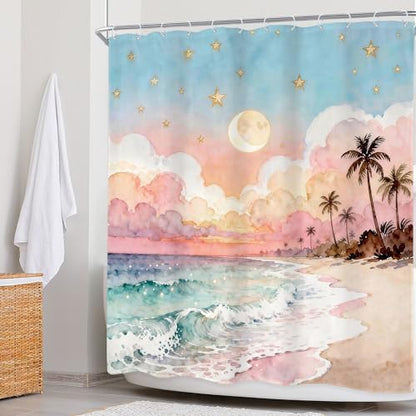 Ocean Blue Sea Watercolor Cloud Pink Waves Bathroom Shower Curtain Set