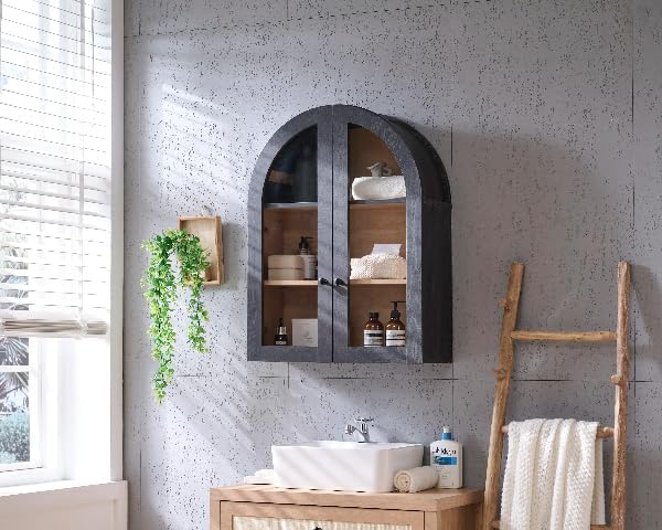 Bathroom Arched Wall Cabinet, 23.5'' Wide Medicine Cabinet, Wall Mount with Glass Doors & Adjustable Shelves, Over the Toilet Storage Cabinet for Laundry Room, Bedroom, Kitchen, Grey Black
