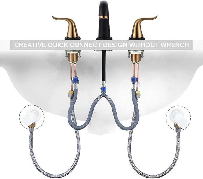 WOWOW Black and Gold Widespread Bathroom Faucet Bathroom Sink Faucet 3 Hole Vanity 2 Handle Basin 8 Inch Mixer Tap with Pop Up Drain and Supply Hose
