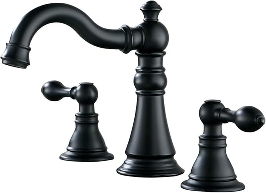 Two Handle Bathroom Sink Faucet Matte Black 3 Hole with Pop up Drain,High Arc Lavatory 8 Inch Widespread Bathroom Faucet,F-8805P-MT