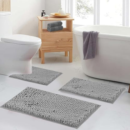 Bathroom Rugs Sets 2 Piece Plush Chenille Bath Rugs Non-Slip Bath Mats Absorbent Shaggy Rugs,Bathtub Mat, Gray Pet Dog Mats,Washable Bathroom Carpet for Tub, Shower, Washroom- 32x20 + 24x16 Inch