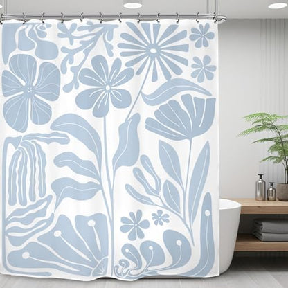Light Blue Matisse Flower Shower Curtain 60Wx72L Inch Abstract Retro Aesthetic Minimalist Vintage Art 70s Modern Bathroom Set Accessories Decor with 12 Pack Hooks