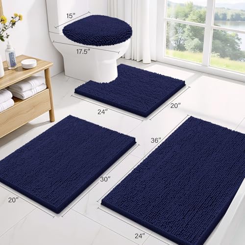 Smiry Chenille Bathroom Rugs Sets 2 Piece (34x21+30x20, Navy Blue)