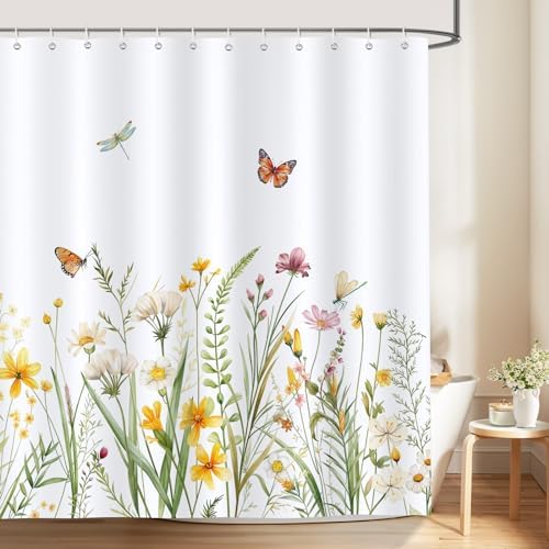 Bonhause Floral Shower Curtain, Yellow White Wildflower Plant Butterfly Spring Summer Bathroom Decor 72x72 Inch Polyester Fabric Waterproof Bath Curtain with 12 Hooks