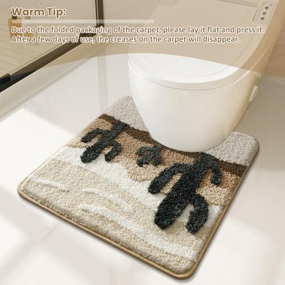 Desert Cactus Toilet Mat, U-Shaped Non-Slip Bath Rug with Soft Absorbent Microfiber, Beige Brown Bathroom Floor Mat for Toilet Base, Machine Washable Bathroom Decor 22x20 Inch